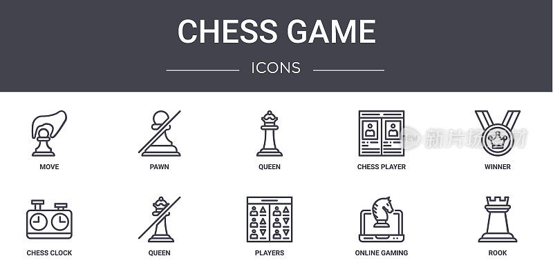 象棋游戏概念线图标集。包含图标可用于web，徽标，ui/ux，如pawn，象棋玩家，象棋时钟，玩家，在线游戏，车，赢家，皇后